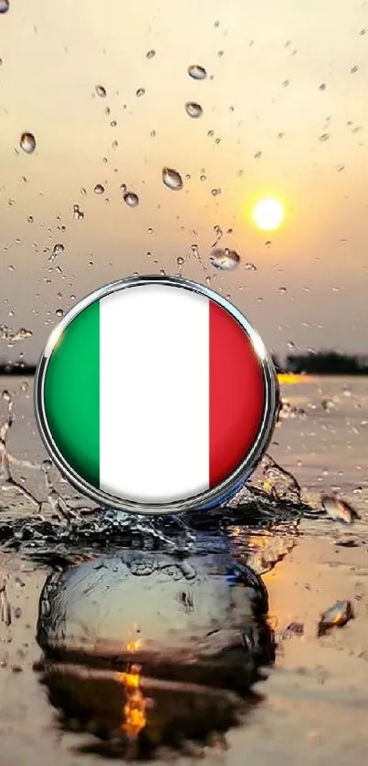 Italian flag sphere in sunset water splash reflection.