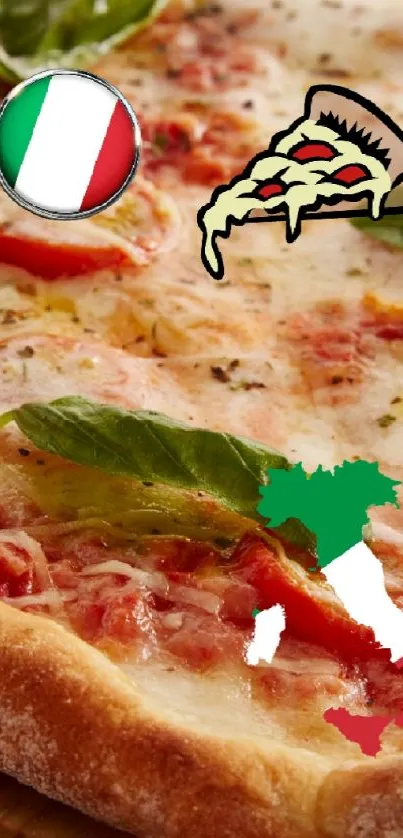 A tasty Italian pizza with basil on a wooden board.