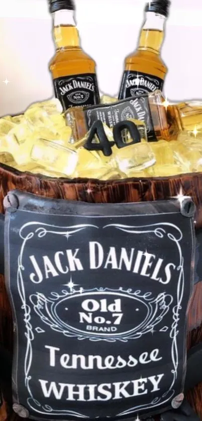 Jack Daniels whiskey bottles and barrel decor mobile wallpaper.