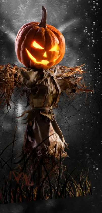 Eerie wallpaper with a glowing Jack-O'-Lantern scarecrow in a misty setting.