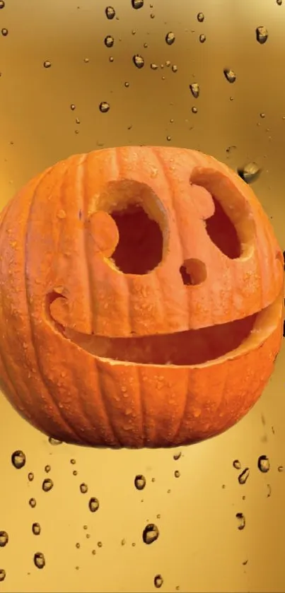 Festive jack-o'-lantern on a warm, textured background with water droplets.