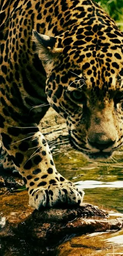 Majestic jaguar near a flowing stream in the jungle.