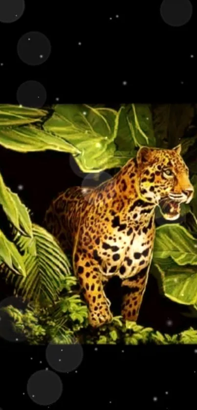 Majestic jaguar surrounded by lush green jungle leaves on a dark background.