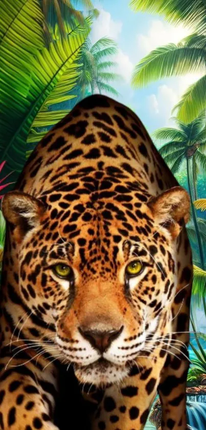 Majestic jaguar in vibrant jungle setting with lush greenery.