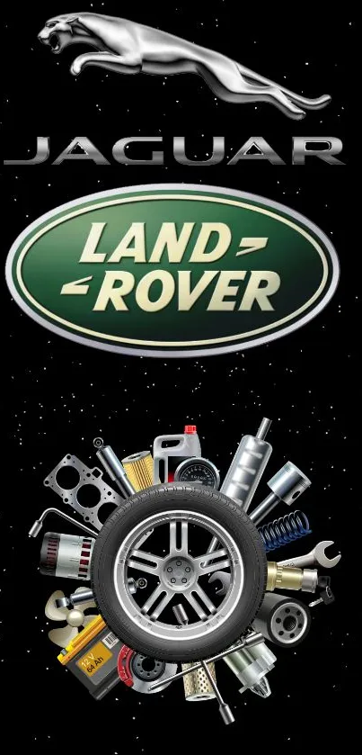 Jaguar and Land Rover logos with car parts on black background.