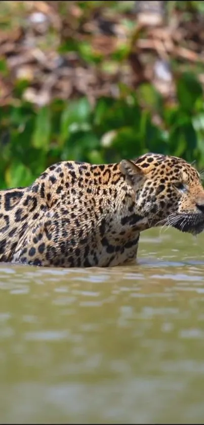 Jaguar swimming peacefully in a river