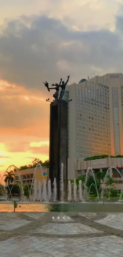 Jakarta skyline with sunset and fountains, featuring iconic architecture and vibrant colors.