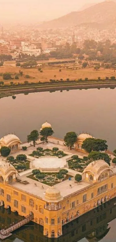 Aerial view of Jal Mahal surrounded by water in Jaipur.