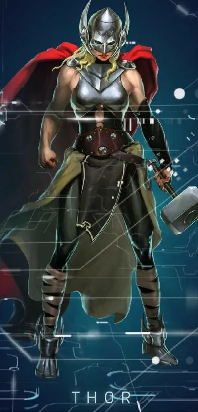 Jane Foster as Thor with hammer, wearing armor and red cape.