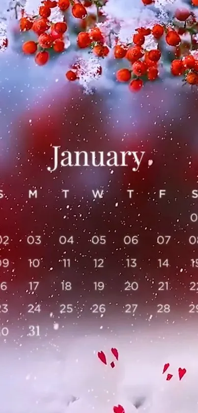 January calendar with red berries and snowy background for mobile.