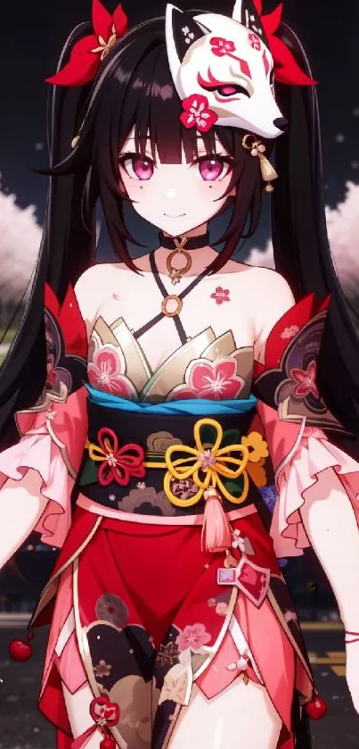 Anime character in Japanese attire with a fox mask, vivid red colors, and cherry blossoms.