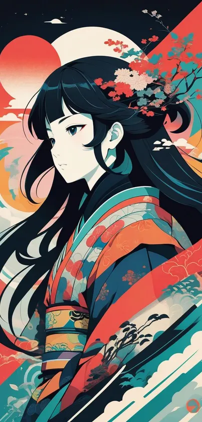 Elegant Japanese woman in colorful art.