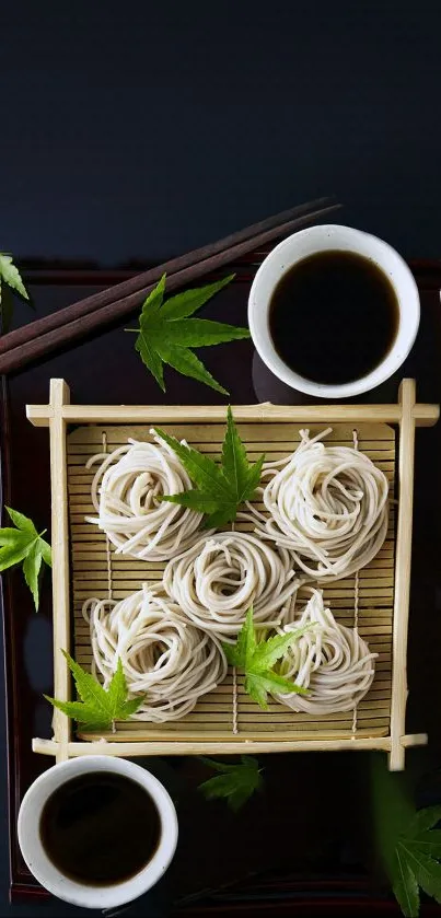 Japanese cuisine wallpaper with soba noodles and green leaves.