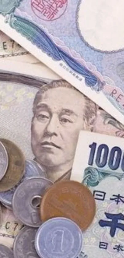 Japanese yen bills and coins close-up.