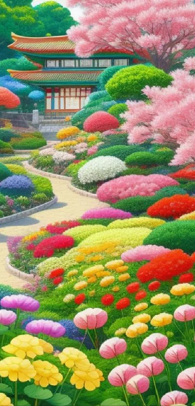 Vibrant Japanese garden with colorful blossoms and lush greenery.