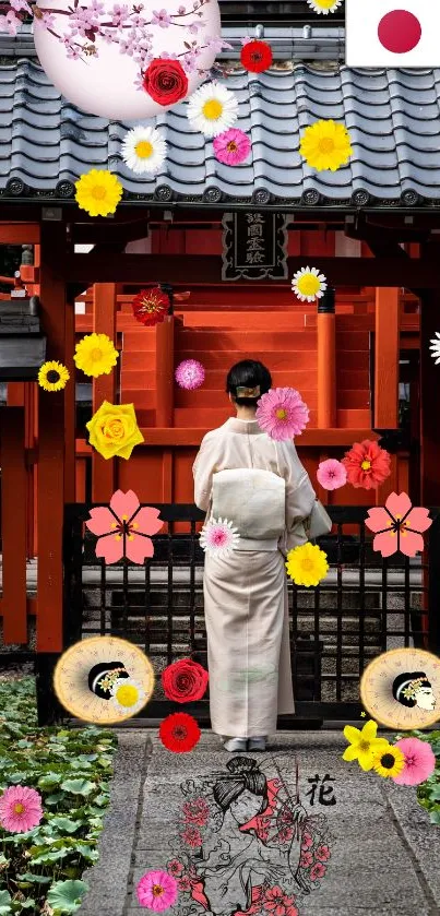 Traditional Japanese garden with colorful flowers and a kimono-clad woman.