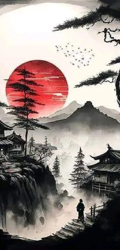 Japanese ink wash art with a red sun and trees in nature.