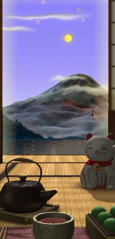 Japanese mountain view wallpaper with Maneki-Neko.