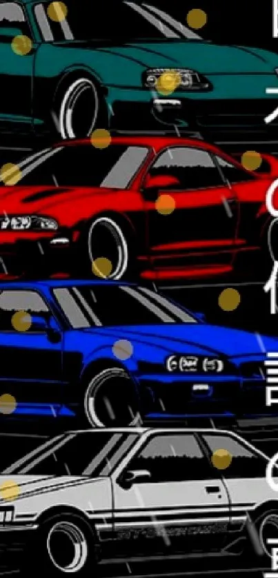 Four classic Japanese sports cars in red, blue, green, and white on a black background.