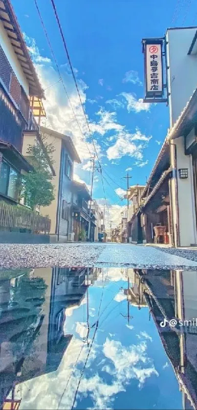 Japanese street with sky reflection and blue dominating hues on a serene day.