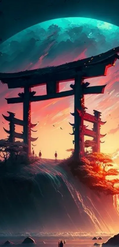 Silhouetted Japanese Torii at vibrant sunset on mysterious landscape.