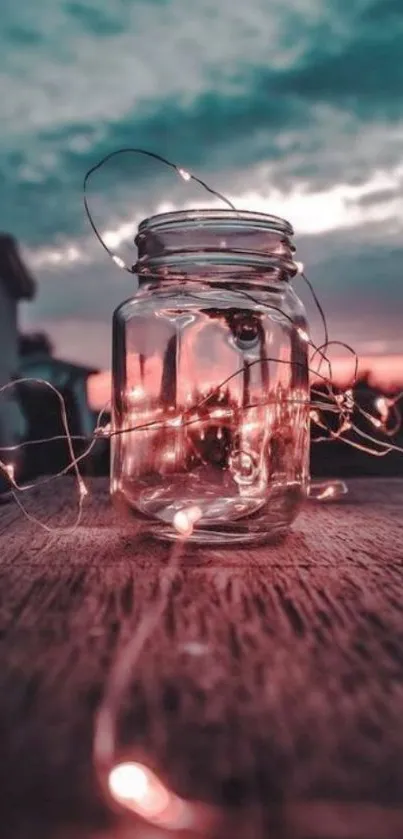 Jar with glowing fairy lights at dusk on a mobile wallpaper.