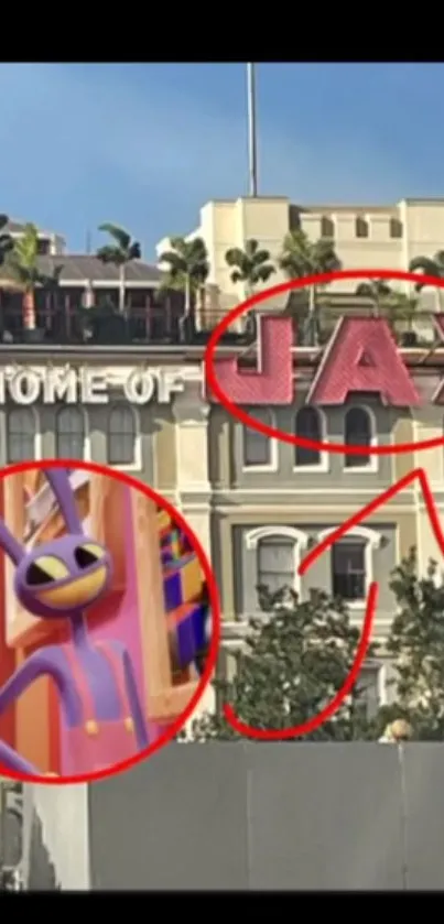 Wallpaper of a building with 'JAX' sign and cartoon character inset.