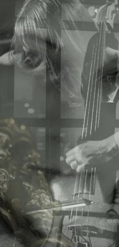 Grayscale wallpaper of jazz musicians with saxophone and bass.