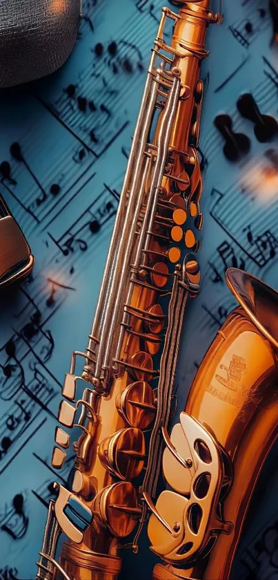 Saxophone with glowing musical notes as background.