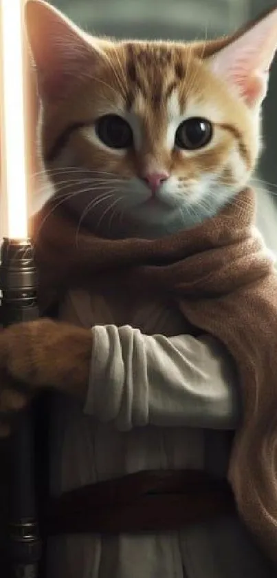 A cute cat dressed as a Jedi with a lightsaber.