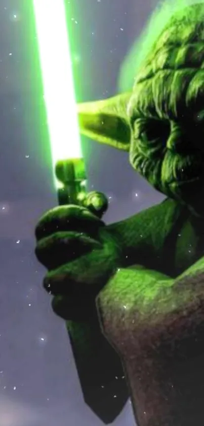 Jedi master holds glowing green lightsaber.