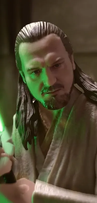 Jedi warrior with glowing green lightsaber.