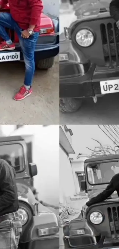 Stylish pose with red Jeep in urban setting.