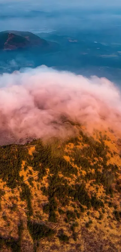 Aerial view of Wollangbong Peak on Jeju Island with vibrant colors and misty clouds.