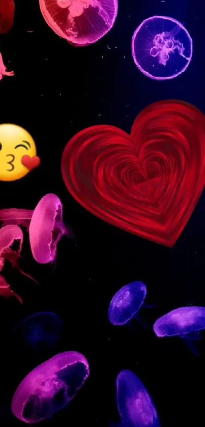 Colorful jellyfish and heart emoji wallpaper on a dark background.