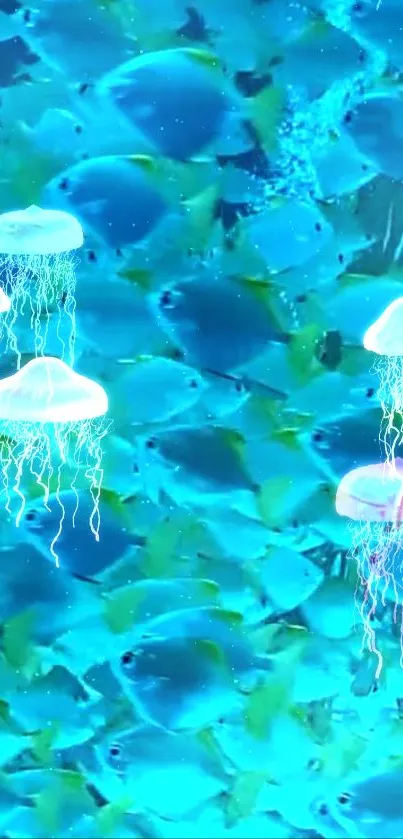 Vibrant blue wallpaper with fish and glowing jellyfish.