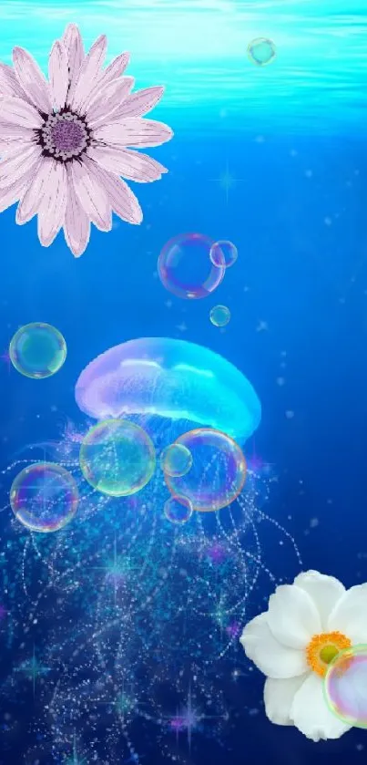 Glowing jellyfish with flowers in ocean wallpaper.