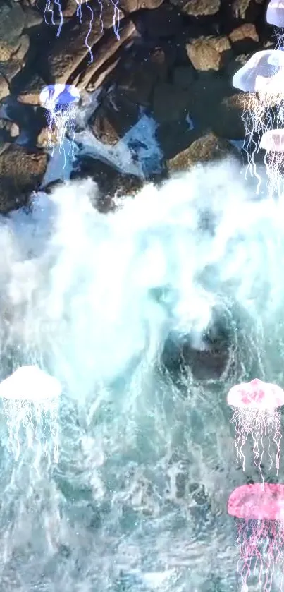 Jellyfish float above ocean waves crashing onto rocks.