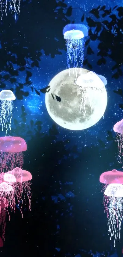 Glowing jellyfish float under a full moon in a dark, starry night sky wallpaper.