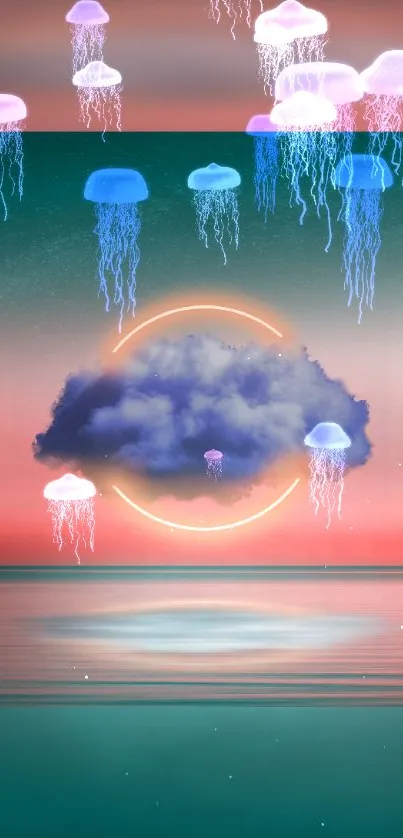 Surreal wallpaper with jellyfish, cloud, and neon glow in cosmic sky.