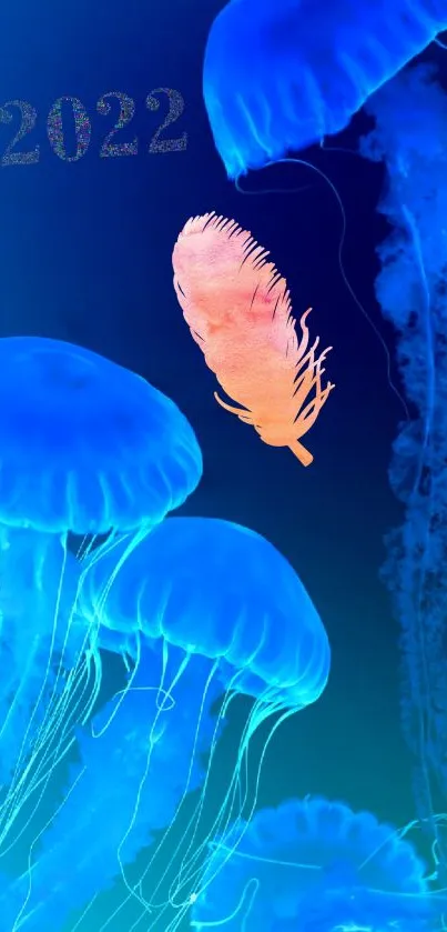 Glowing jellyfish and feather in blue ocean wallpaper.