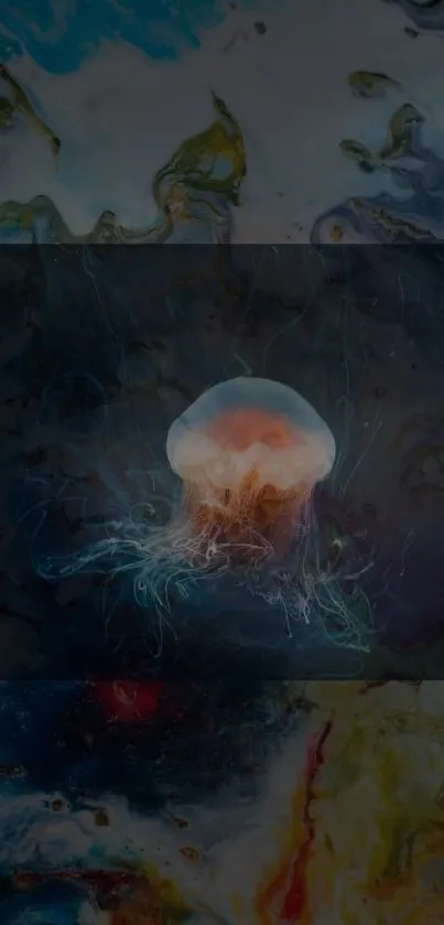 Abstract jellyfish with vibrant colors in an oceanic artistic background.