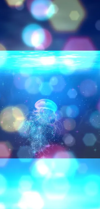 Glowing jellyfish with bokeh lights in a serene ocean scene as mobile wallpaper.