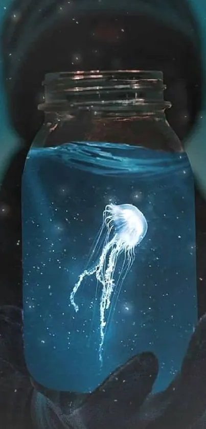 Glowing jellyfish inside a jar set against a deep blue background.