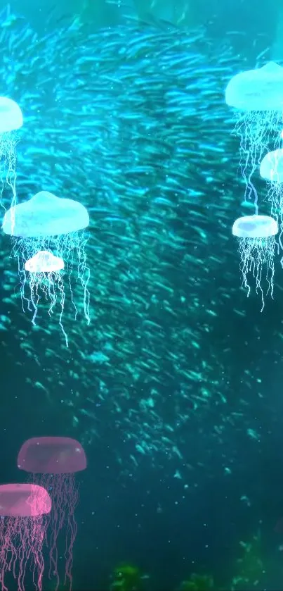 Jellyfish glide through a serene teal ocean.