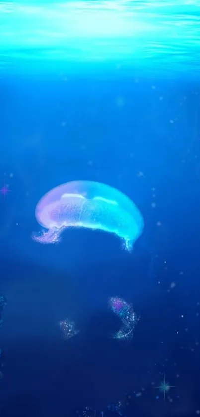 Jellyfish swimming in a calm blue ocean with serene underwater atmosphere.