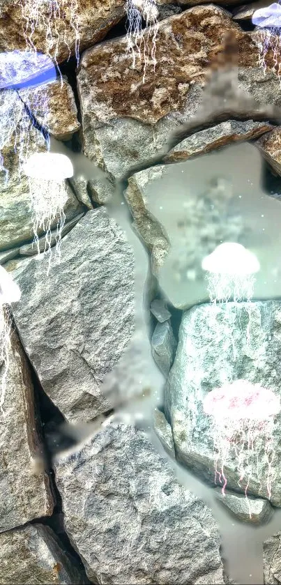 Glowing jellyfish on stone textured wallpaper for mobile screens.