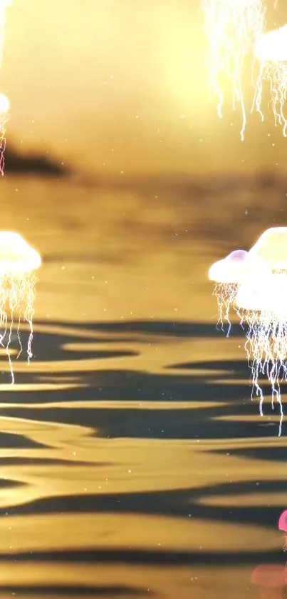 Glowing jellyfish over golden water, serene mobile wallpaper.