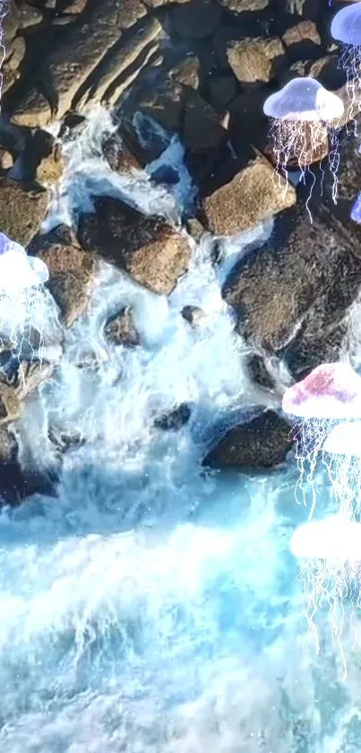 Jellyfish floating over a rocky stream with flowing blue water.