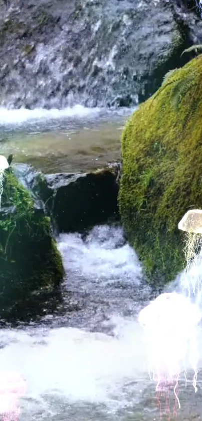 Jellyfish float in a vibrant green stream with rushing water.